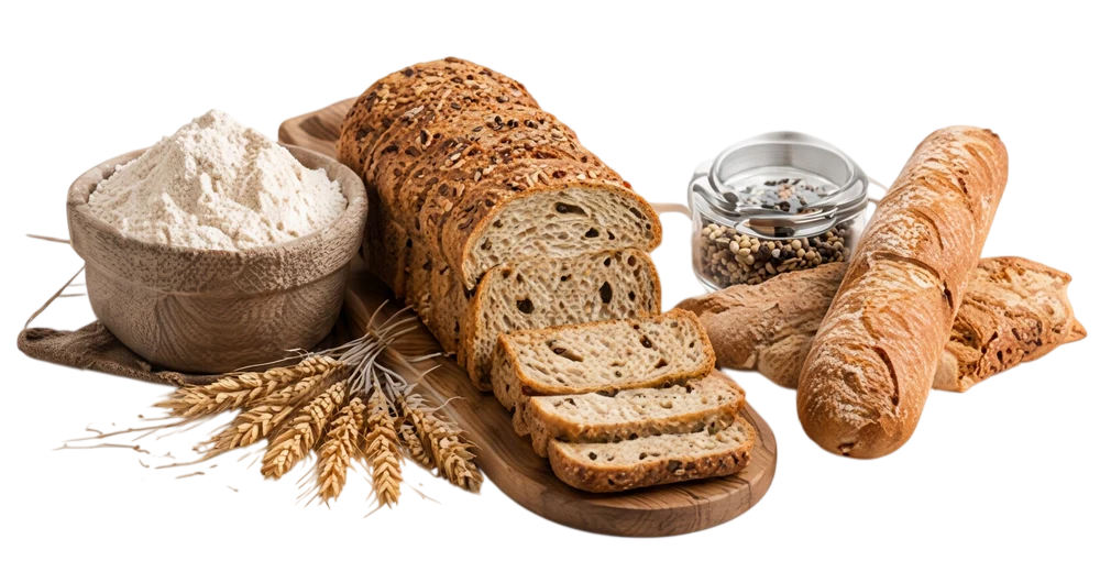 Loaves of bread, flour, and a jar on a white background Loaves of bread, flour, and a jar on a white background