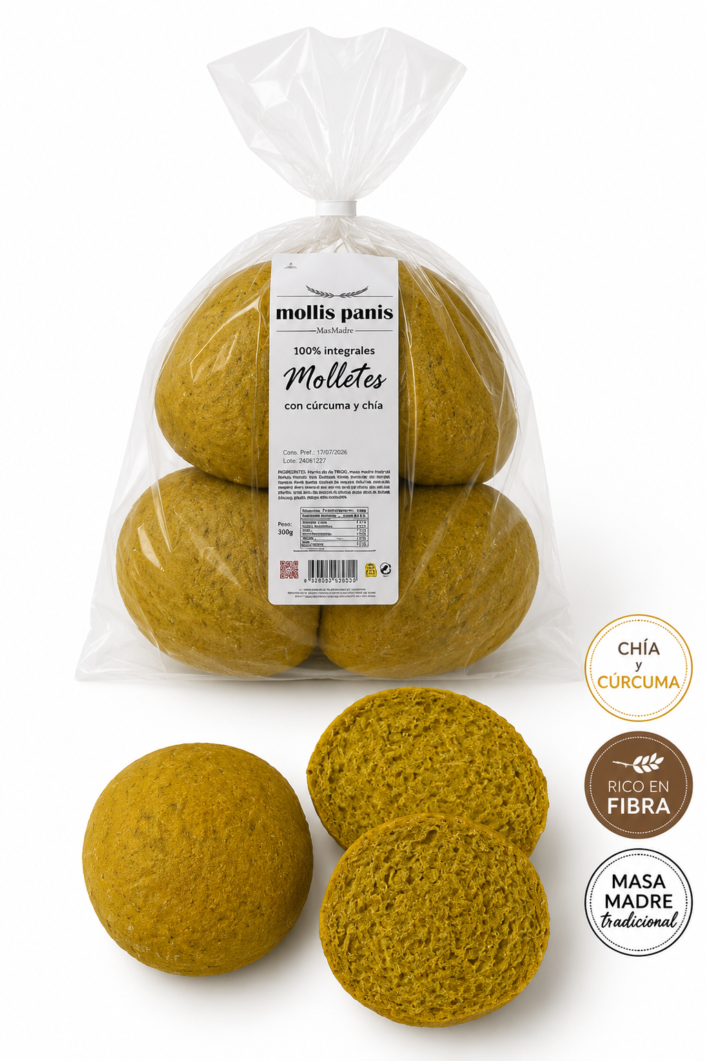 Molletes 100% integrales con chía y cúrcuma Molletes 100% integrales con chía y cúrcuma