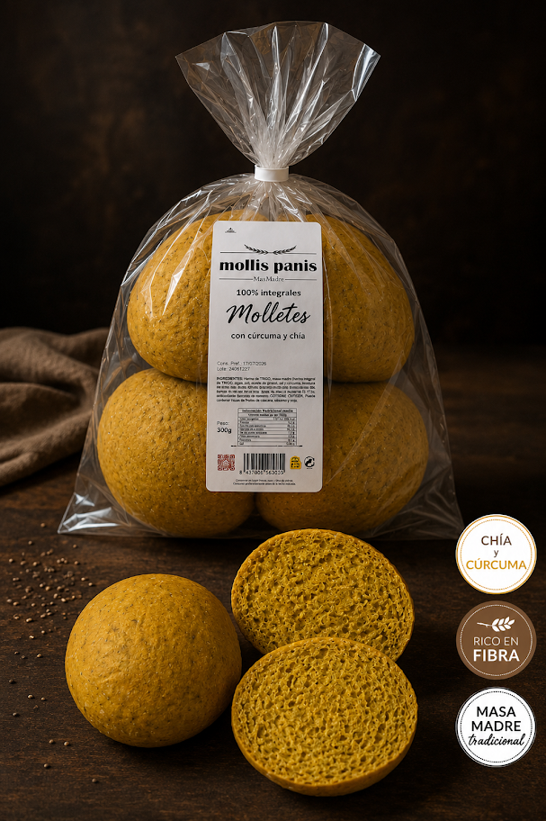 Molletes 100% integrales con chía y cúrcuma
